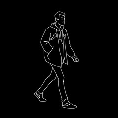 Sporty young man taking a walk. Side view. Monochrome vector illustration of man in jacket, jeans and sneakers walking in simple line art style. White lines isolated on black background. Concept