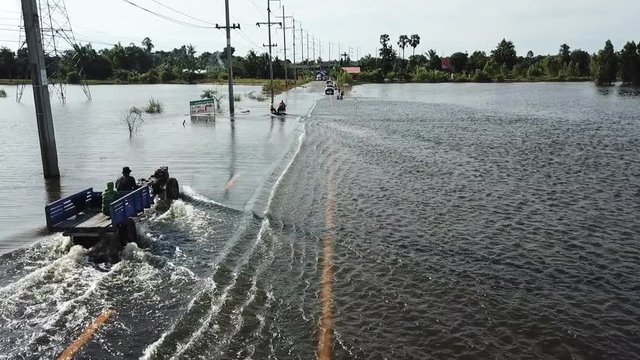 High-angle view of the Great Flood, Meng District, Ubon Ratchathani Province, Thailand, on September 10, 2019, is a photograph from real flooding. With a slight color adjustment