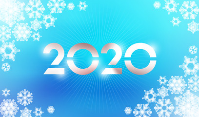 Happy New Year 2020 banner template mockup with blue background and white snowflakes. Silver metal shiny numbers and rays from center. Can be used for Christmas sale offer or invitation.
