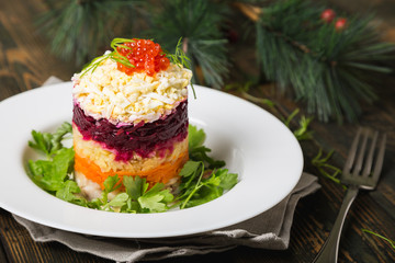 Herring under a Fur Coat. Traditional Russian holiday salad