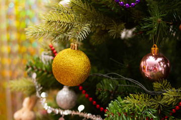 Christmas tree decorations. Christmas balls on christmas tree. New Year 