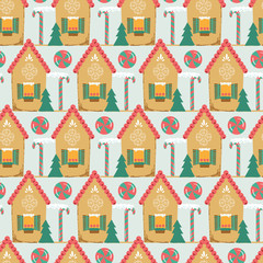 Cute Gingerbread House Vector Holiday Seamless Pattern