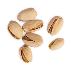 Isolated pistachio nuts. Roasted salted pistachios. Top view