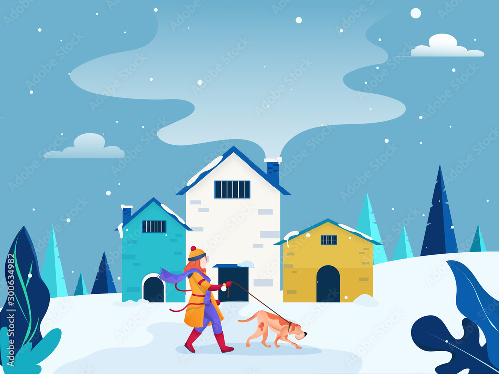 Sticker Faceless woman carrying dog in front of house on snowy nature view background for Hello Winter.