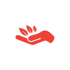 Leaf in Hand Red Icon On White Background. Red Flat Style Vector Illustration.