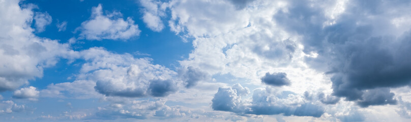 Naklejka na ściany i meble Blue sky with clouds in sunlight (wide background panorama).