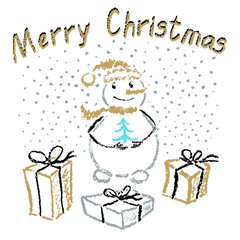 Christmas gift box, funny smiling snowman, falling snowflakes and fir tree on white. Golden and silver Crayon, pencil like kids hand drawn holiday vector doodle snow hand drawing simple background
