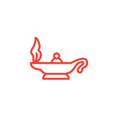 Magic Oil Lamp Line Red Icon On White Background. Red Flat Style Vector Illustration.