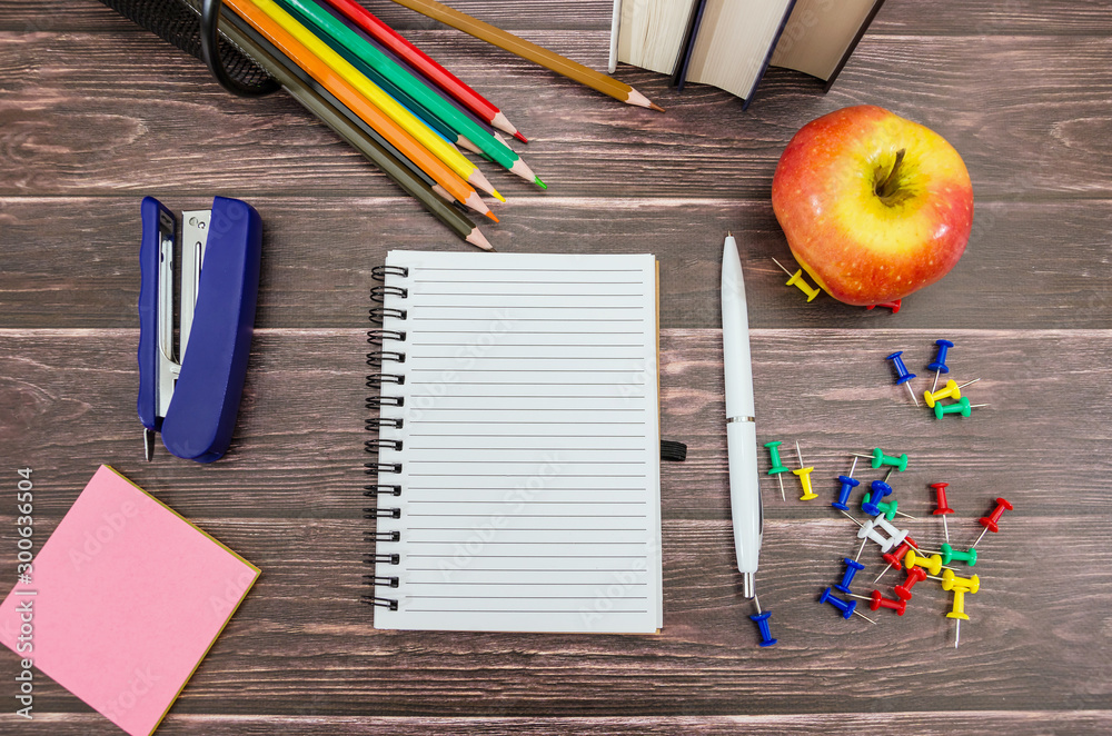 Wall mural school concept. school supplies on a wooden background. go to school.