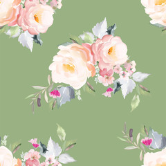 Vector seamless pattern with flower and plants in watercolor style.