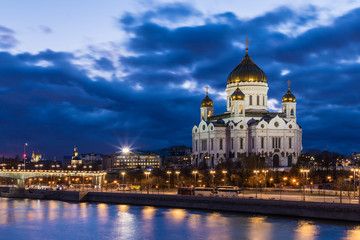 The Cathedral of Christ the Saviour. the symbol of Orthodox church in Russia in the rays of setting sun. View from the embankment of Moskva river