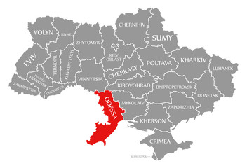 Odessa red highlighted in map of the Ukraine - obrazy, fototapety, plakaty