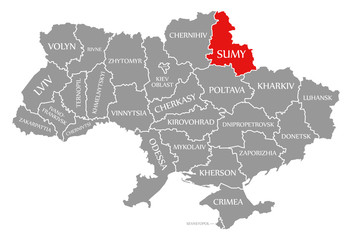 Sumy red highlighted in map of the Ukraine