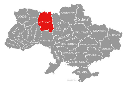 Zhytomyr red highlighted in map of the Ukraine