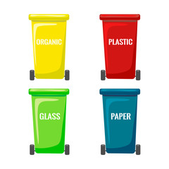 Vector flat trash bins collection isolated on white background. Wheels cans for separate garbage collection. colored containers for different types of waste. Recycling and utilization equipment icons