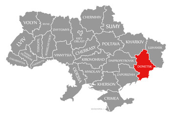 Donetsk red highlighted in map of the Ukraine
