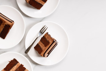 Pieces of layered dark chocolate cake on white plate