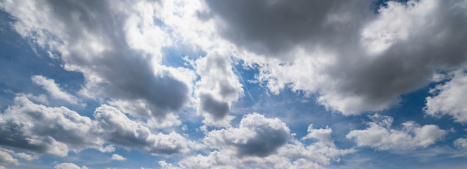 Blue sky with clouds in sunshine (wide background panorama).