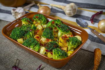 baked potato with broccoli and chili