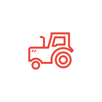 Tractor Line Red Icon On White Background. Red Flat Style Vector Illustration.