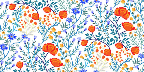 Vector seamless floral pattern with different kinds of colorful wildflowers - cornflowers, marigolds, tulips, leaves on white background. Bright Botanical print, fabric, Wallpaper, wrapping paper... 