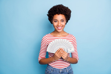 Photo of cheerful curly wavy nice pretty positive girlfriend holding fan of money with toothy smile...