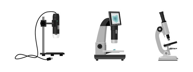 Fototapeta premium Laboratory microscope vector cartoon set icon. Vector illustration microscope for chemistry laboratory.Isolated cartoon icon of medical view lens on white background.