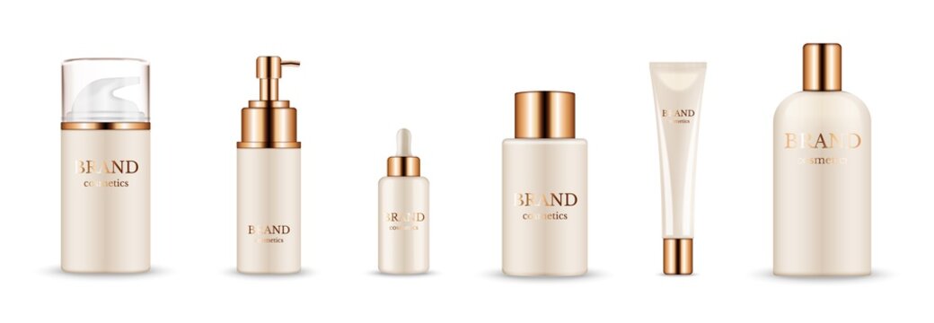 Cosmetic bottles. Realistic golden packaging for serum, cream, shampoo, balm. Vector cosmetic mockup isolated on white background. Illustration cosmetic product with golden caps