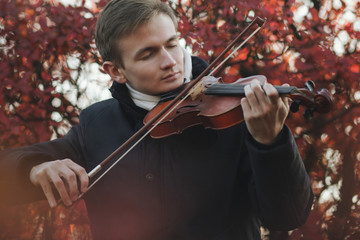 Fototapeta premium portrait of a young elegant man playing the violin on autumn nature backgroung, a boy with a bowed orchestra instrument makes a concert, concept of classical music, hobby and art