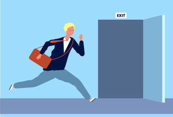 Male run to exit. Businessman fast moving to opening door evacuation or emergency escape out from office place vector character. Illustration businessman run to door, male businessperson