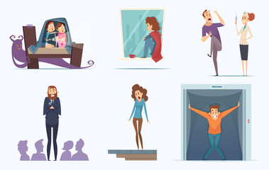 Fears people. Scary persons childrens expression nervous afraid panic phobia terrorism shadows vector characters. Illustration scary and fear, panic phobia, person stress and afraid