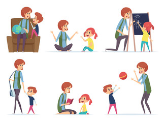 Fototapeta premium Babysitters. Nanny playing with kids preschool childrens busy parents mom vector cartoon characters. Babysitter or nanny with kids boy and girl illustration