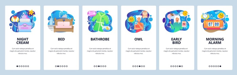 Mobile app onboarding screens. Morning alarm clock, early bird and owl person, cream, bed. Menu vector banner template for website and mobile development. Web site design flat illustration