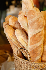 Tasty homemade French baguette bread in the basket.