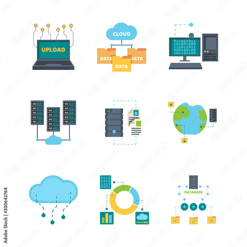 Poster data center icon. cloud technology security management data bases computer networking vector flat sy