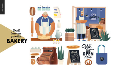 Bakery -small business illustrations -bakery set - modern flat vector concept illustration of a baker kneading the dough. Baker wearing apron in front of the shop facade, bakery elements