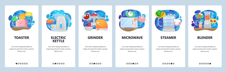 Mobile app onboarding screens. Home appliances and kitchen electronics, toaster, kettle, grinder, microwave, blender. Vector banner template for website and mobile development. Web site illustration