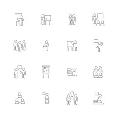 Business trainings icon. Managers coaching seminar group presentation business speaker students and teacher vector symbols. Illustration education seminar, presentation speaker and training