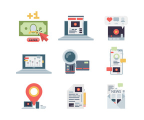 Fototapeta premium Blogging concept icon. Marketing content management writing workplace applications symbols affiliate social network vector flat pictures. Blogging media content, article and vlog illustration