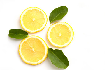 Fototapeta premium fresh lemon and green leave fruit flat lay food concept isolate on white background