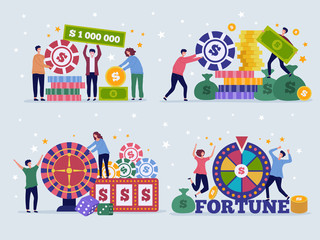 Naklejka premium Casino lottery concept. Characters lucky gamers bingo jackpot poker playing gambling slot machine ticket victory prize vector flat. Gambling casino and jackpot in roulette, win lottery illustration