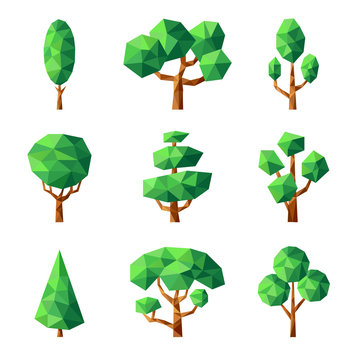 Poly tree. Green nature season plants vector stylized geometrical forms low poly pictures. Illustration geometric tree plant, green forest polygon graphic