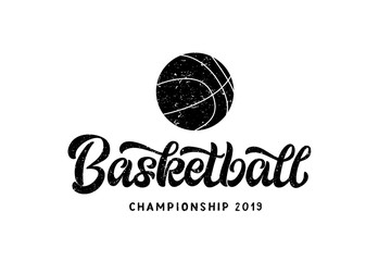 Basketball hand written lettering logo, emblem with ball.