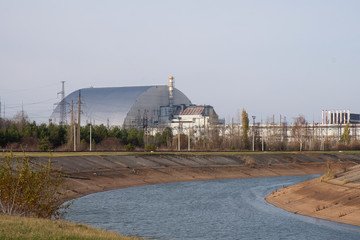 Chernobyl nuclear power plant. Secure confinement arch. Sarcophagus of the Chernobyl 4 reactor.