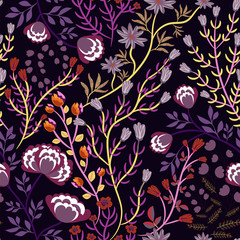 Floral seamless pattern with different kinds of flowers, leaves, herbs on dark background. Colorful abstract Botanical print in hand-drawn style. Purple-orange texture, fashion template.  Vector.