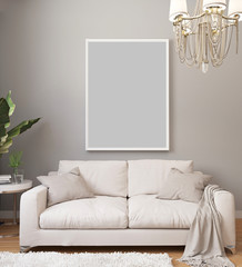 Poster mockup in white frame on light wall in classic luxury interior with chandelier and white sofa, plants. Modern light interior design with blanket picture. 3d rendering.