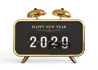 2020 Happy new year gold analog flip clock concept counter with changing numbers on white background.