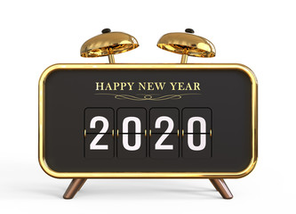 2020 Happy new year gold analog flip clock concept counter on white background.
