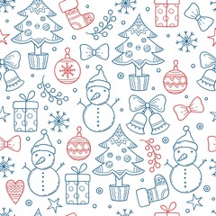 Fototapeta na wymiar Christmas pattern. Winter season graphic snowflakes clothes gifts stars candles trees snowman mittens vector seamless background. Seamless repetition xmas, socks and sketchy snowman illustration