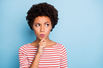 Close up photo of pensive thoughtful youngster trying to recollect neccessary information touching...